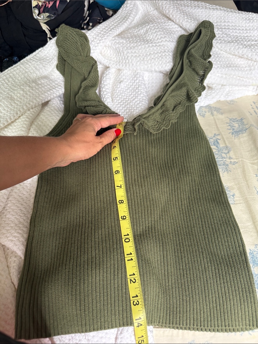 GAP Olive Ribbed V-Neck Tank with Subtle Ruffle Trim - Picture 8 of 9